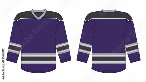 Blank ice hockey jersey template mockup in purple, grey, and black, front and back view of professional sports team uniform, long sleeve athletic apparel technical flat sketch.