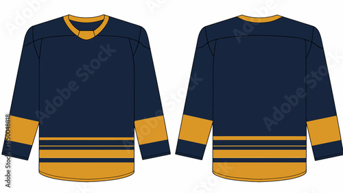 Blank ice hockey jersey template mockup in navy blue and gold, front and back view of professional sports team uniform, long sleeve athletic apparel technical flat sketch.