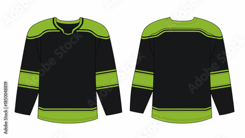 Blank ice hockey jersey template mockup in black and lime green, front and back view of professional sports team uniform, long sleeve athletic apparel technical sketch.