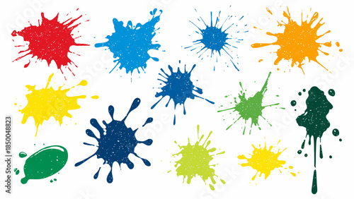 Set of colorful paint splatters and ink splashes on white background, vibrant watercolor brush strokes and liquid drop elements for creative design and artistic projects.