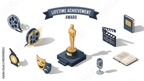 Isometric collection of film and theater industry elements, including a golden award trophy, film reels, clapperboard, and drama masks, symbolizing cinematic achievement and artistic recognition