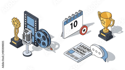 Isometric elements showcasing the dynamic world of film, media, and entertainment, featuring award trophies, news headlines, and event symbols for diverse creative projects