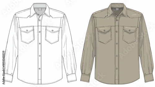 Men's Long Sleeve Button Down Utility Work Shirt Technical Sketch Vector Mockup
