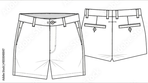 Men's Tailored Chino Shorts Front and Back View Technical Sketch Vector Mockup