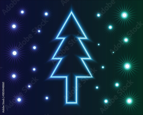 Neon Christmas Tree with Starbursts on Dark Background