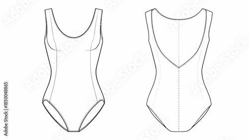 Women's One-Piece Leotard Swimsuit Technical Sketch Vector Mockup with Deep V-Back