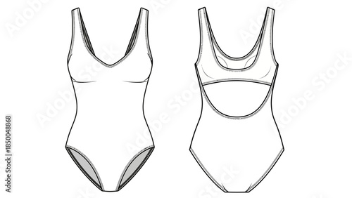 Women's One-Piece Swimsuit Technical Sketch Vector Mockup with Open Back Design