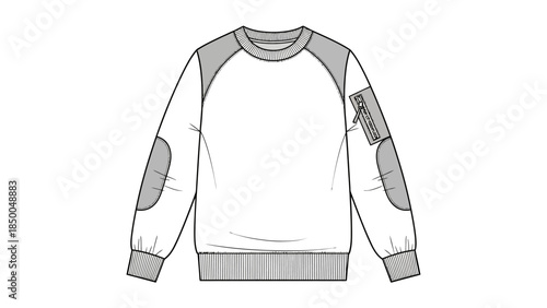 White Crewneck Sweatshirt with Elbow Patches and Sleeve Zip Pocket Technical Sketch Vector