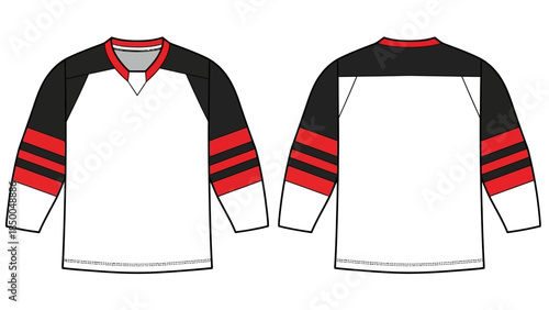 White Ice Hockey Jersey Technical Sketch Mockup Vector with Red and Black Stripes