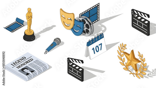 Dynamic isometric icons representing the entertainment industry film production, performing arts, and celebrated award events. Essential tools for media and creative ventures