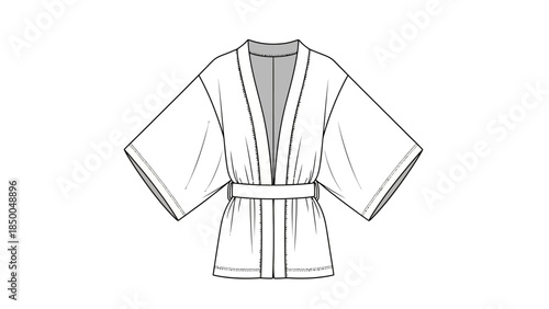 Women's Kimono Robe with Wide Sleeves and Belt Technical Sketch Vector Mockup