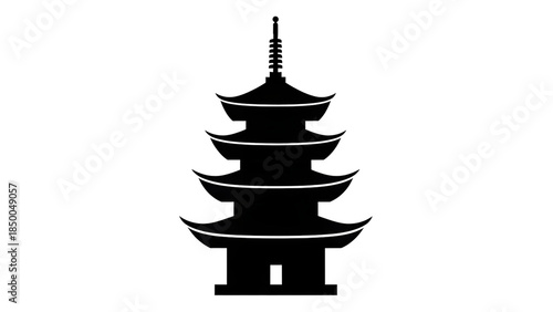 Black silhouette of a traditional asian pagoda temple on transparent background