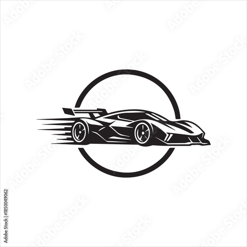 A dynamic black silhouette of a sleek sports car shown in motion with speed lines, framed within a bold circular border.