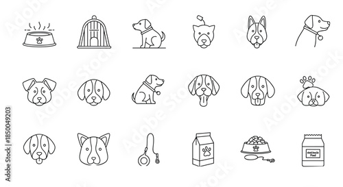 Collection of black and white line icons for pet care including various dog breeds a food bowl kennel leash and pet food bag.