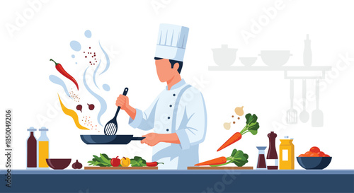 Professional male chef in uniform cooking a delicious meal in a pan with fresh vegetables and spices flying in the air.