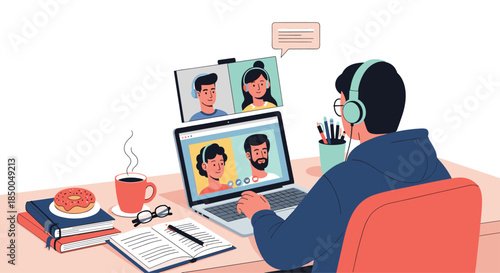 Person with headphones participating in a video conference call on a laptop with four other people in a home office setting.