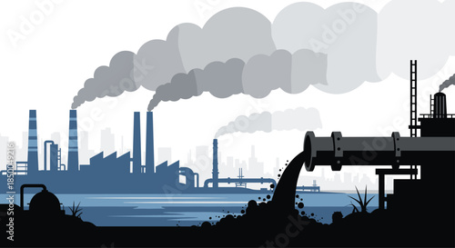 Industrial landscape showing a factory with smoking chimneys and a large pipe discharging toxic waste into a river causing water pollution.