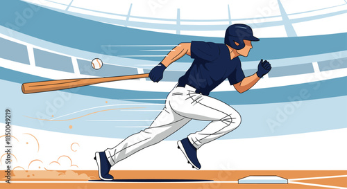 Baseball player in a blue uniform hitting the ball with a wooden bat and running towards first base during a game in a stadium.