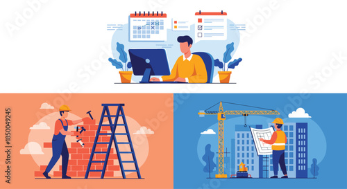 Collage of construction industry scenes including a project manager at a desk a bricklayer and an engineer at a building site.