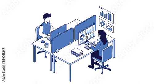 Isometric view of two office workers at their desks separated by partitions working on computers with data analysis dashboards.