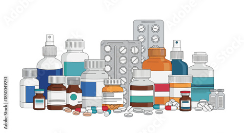 Large collection of various pharmaceutical medicines including pill bottles blister packs capsules tablets and spray bottles on a white background.