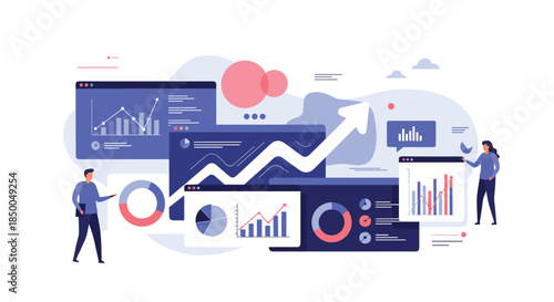Business team analyzing complex data through multiple interactive dashboards with charts graphs and an upward arrow indicating growth.