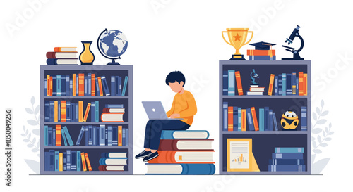 Young boy sitting on a stack of books and studying with a laptop surrounded by bookshelves in a library or for e-learning.