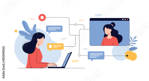 Woman working on her laptop having a video call and exchanging chat messages with another person in a virtual communication concept.
