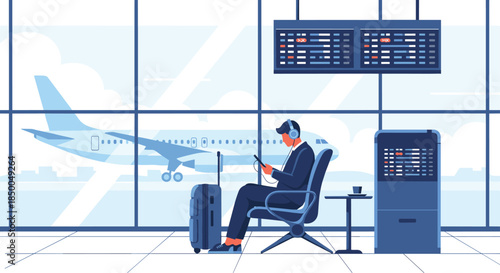 Businessman in a suit with luggage waiting for his flight at an airport gate listening to music on his phone with headphones.
