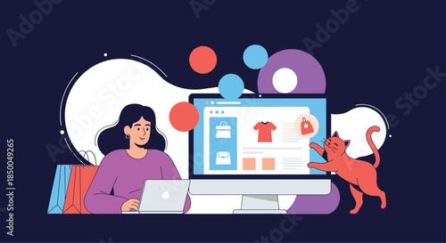 Woman sitting at her desk with a laptop and computer shopping online for clothes while her cute cat playfully paws at the screen.