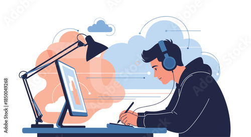 Young male graphic designer with headphones working on a digital drawing tablet with a computer and desk lamp in his workspace.