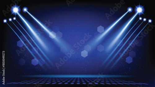 Concert stage with blue spotlight beams