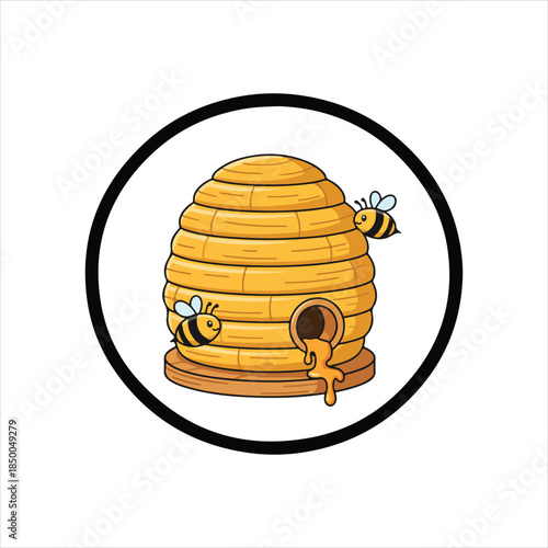 A charming cartoon illustration of a golden beehive with honey dripping from the entrance and two busy bumblebees, framed in a circular border.