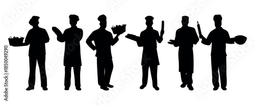 Male Chef and Baker Silhouette Set. Kitchen Professionals Holding Cooking Tools and Food