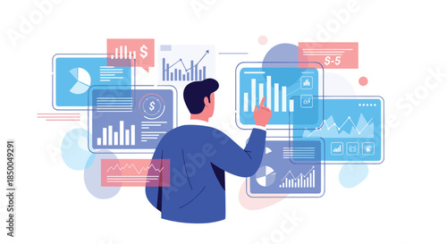Businessman from behind interacting with multiple floating holographic dashboards displaying various data charts graphs and financial metrics.