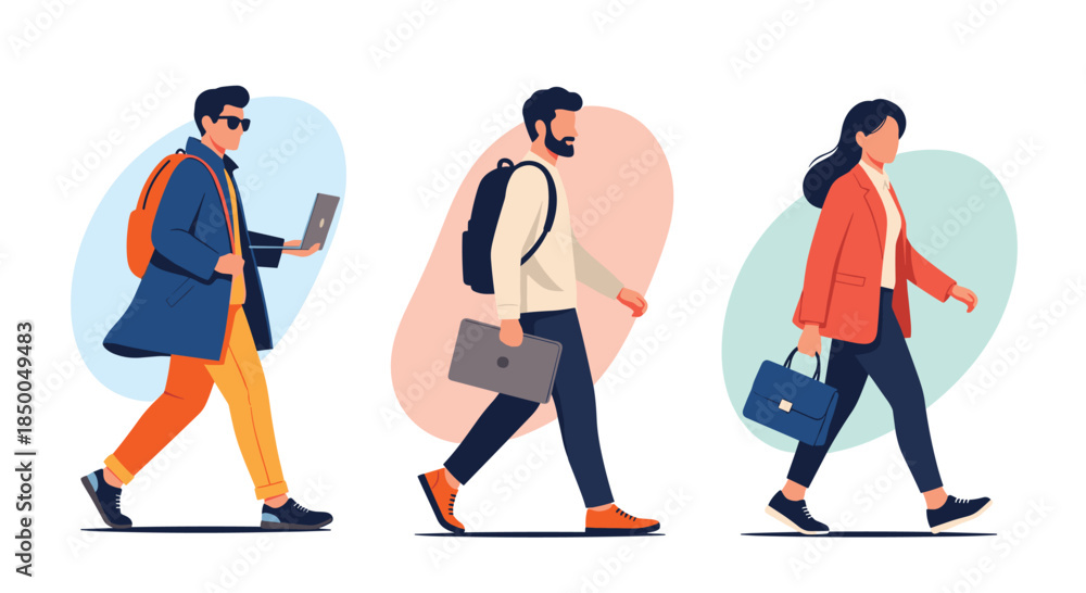Fototapeta premium Set of three business people walking a man with a backpack a man with a laptop and a woman with a briefcase.