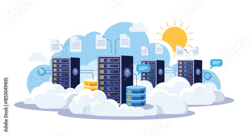 Cloud computing concept with servers and databases in the clouds illustrating data storage hosting and information transfer.