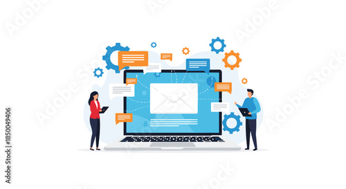 Email marketing and communication concept with two people managing messages and notifications on a large laptop screen.