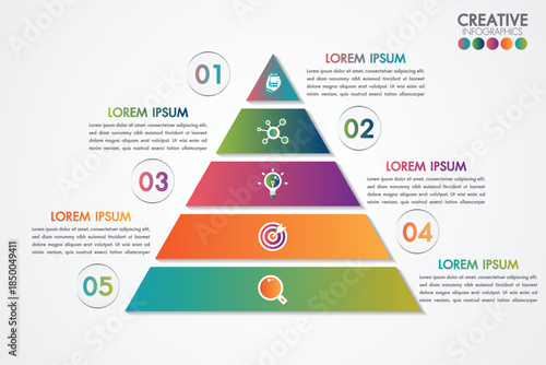 A colorful infographic template with a 5 tiered pyramid structure for data visualization