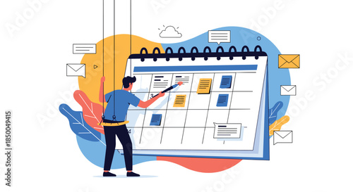 Man suspended on ropes uses a pointer to schedule tasks and appointments on a giant calendar for effective time management.