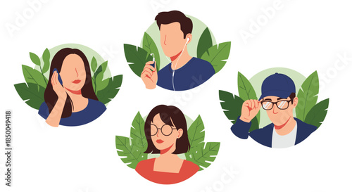 Faceless avatar collection of four young people using mobile technology and wearing glasses against a green leaf background.