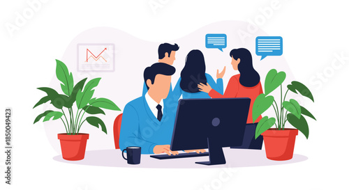 Busy office scene with a man focused on his computer work while a group of colleagues has a discussion in the background.