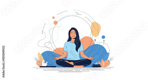 Serene woman practicing meditation in the lotus position to achieve mindfulness and mental balance with abstract shapes.