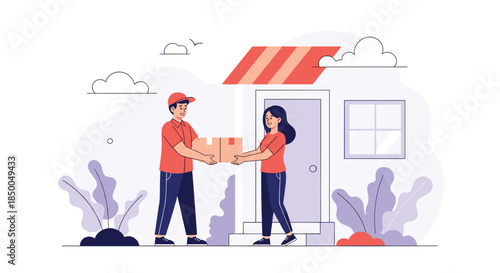 Delivery man in a red uniform hands a package to a woman at her doorstep representing courier service and e-commerce.