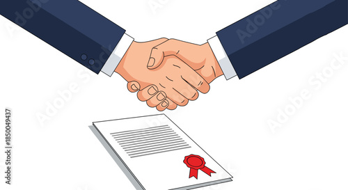 Two businessmen in suits shake hands over a signed and sealed contract symbolizing a successful business agreement or deal.