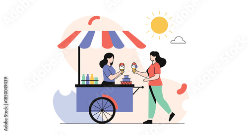Woman buying ice cream from a friendly vendor at a colorful street cart on a sunny day representing summer treats.