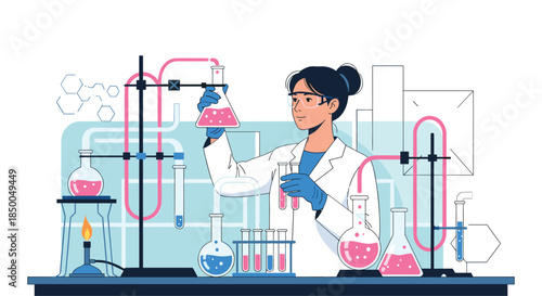 Female scientist in a laboratory conducting a chemical experiment with flasks beakers and other scientific equipment.
