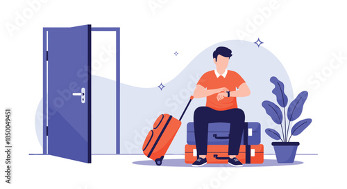 Man sitting on a stack of suitcases checks his watch while waiting to depart through an open door for his travel journey.