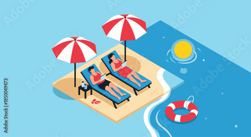 Isometric view of a couple working on laptops while relaxing on beach chairs under umbrellas representing a digital nomad lifestyle.