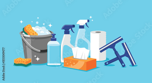 Collection of cleaning supplies including a bucket with foam sprays sponges squeegees and paper towels on a blue background.